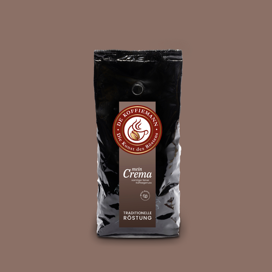 Eine Kaffeeverpackung "mein Crema" Kaffeebohnen von de koffiemann