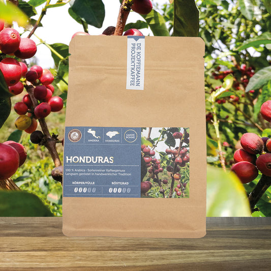 Eine Kaffeeverpackung "Projektkaffee Honduras" Kaffeebohnen von de koffiemann