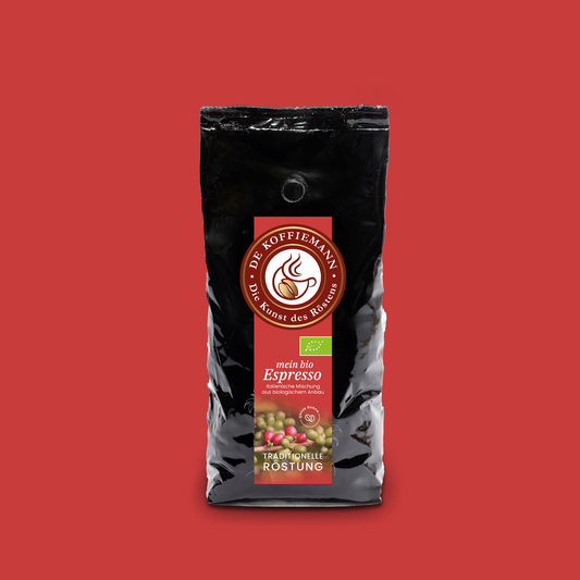 Eine Kaffeeverpackung "mein bio Espresso" Kaffeebohnen von de koffiemann