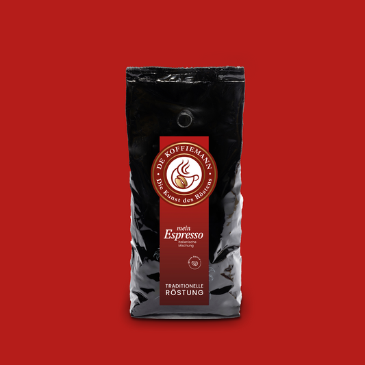 Eine Kaffeeverpackung "mein Espresso" Kaffeebohnen von de koffiemann