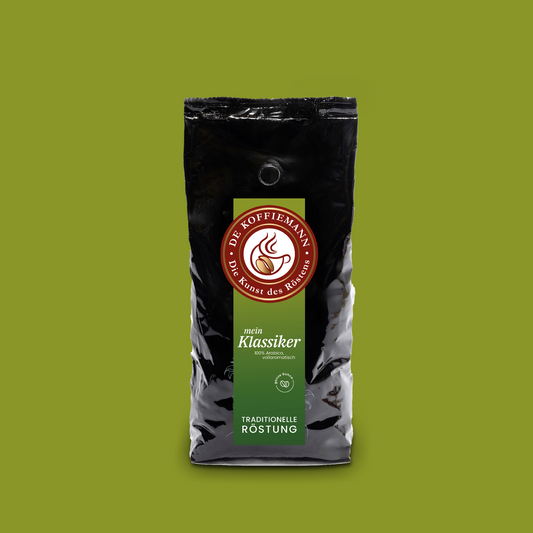 Eine Kaffeeverpackung "mein Klassiker" Kaffeebohnen von de koffiemann