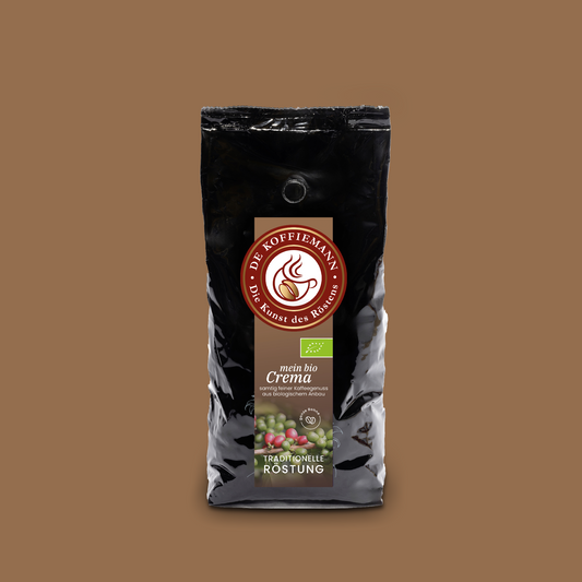 Eine Kaffeeverpackung "mein bio Crema" Kaffeebohnen von de koffiemann