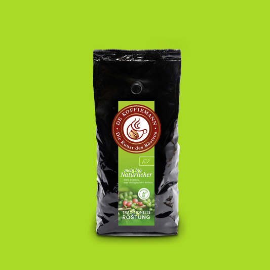 Eine Kaffeeverpackung "mein bio Natürlicher" Mahlkaffee von de koffiemann