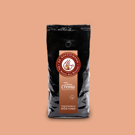 Eine Kaffeeverpackung "mein arabica Crema" Kaffeebohnen von de koffiemann