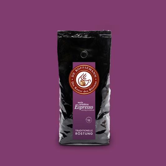 Eine Kaffeeverpackung "mein arabica Espresso" Kaffeebohnen von de koffiemann
